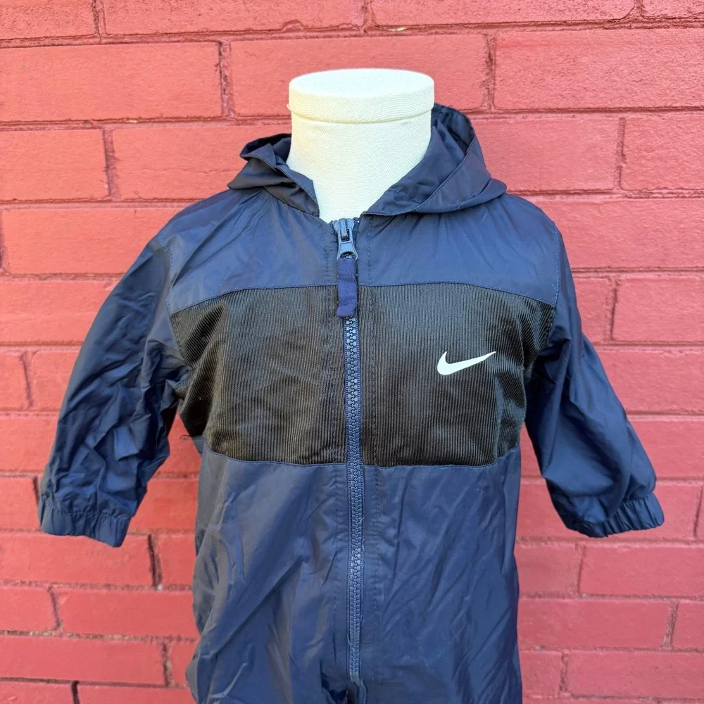 Vtg Y2K Nike‎ Coveralls Infant Size 12M Hooded Lined Zip Up Navy Blue Streetwear